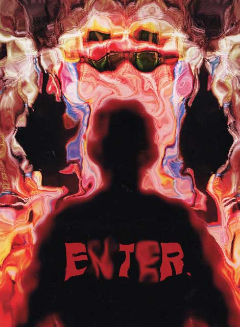 Distorted image of a silohuette of a man infront of a city with the word ENTER on the silohuette